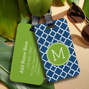 Lime and Navy Quatrefoil Pattern Custom Monogram Luggage Tag
