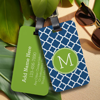 Lime and Navy Quatrefoil Pattern Custom Monogram Luggage Tag
