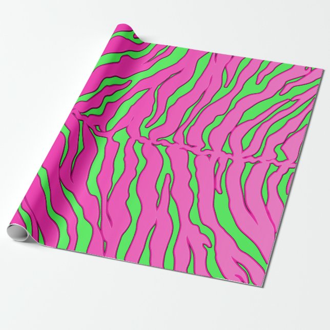 Lime And Pink Tiger Stripes Animal Print Wrapping Paper (Unrolled)
