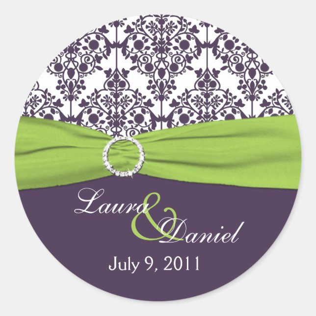 Lime and Purple Damask 1.5" Round Sticker (Front)