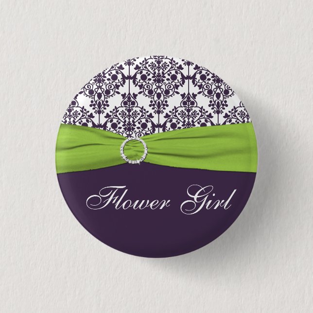 Lime and Purple Damask Flower Girl Pin - Small (Front)