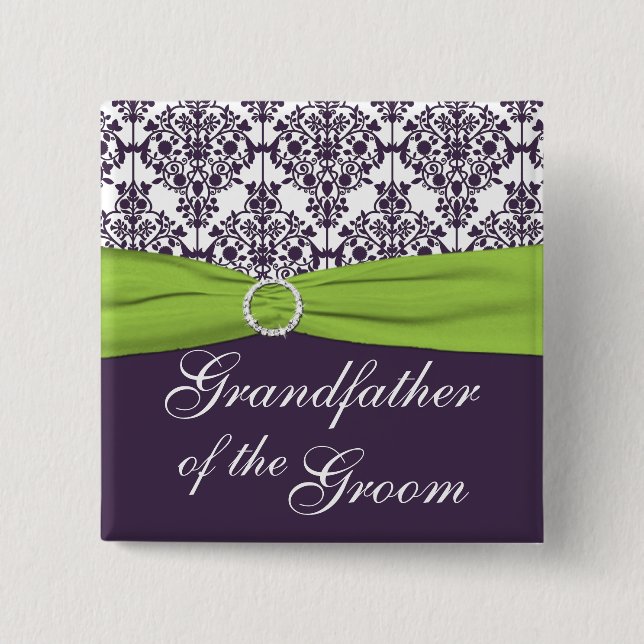 Lime and Purple Damask Grandfather of the Groom 15 Cm Square Badge (Front)
