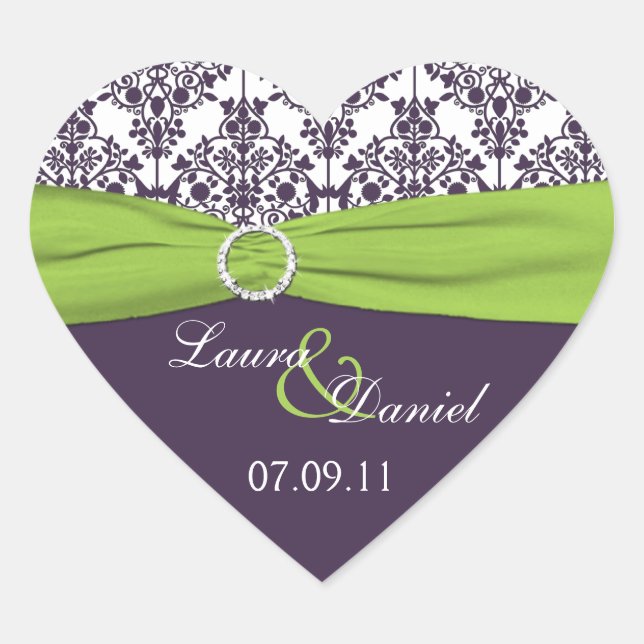 Lime and Purple Damask Heart Shape Sticker (Front)