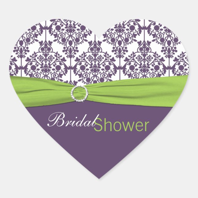 Lime and Purple Damask Heart Shaped Sticker (Front)