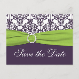 Lime and Purple Damask Save the Date Postcard