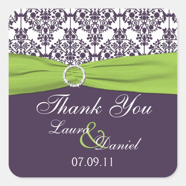 Lime and Purple Damask Wedding Favour Sticker (Front)