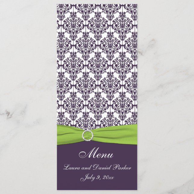 Lime and Purple Damask Wedding Menu Card (Front)