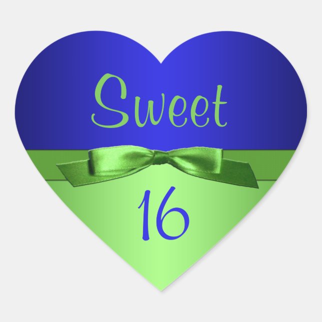 Lime and Royal Blue Sweet 16 Heart Shaped Sticker (Front)