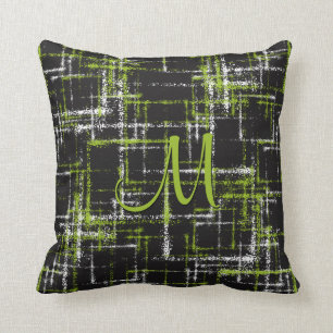 lime and white on black abstract crisscross cushion