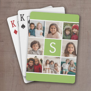 Lime and White Photo Collage Custom Monogram Playing Cards
