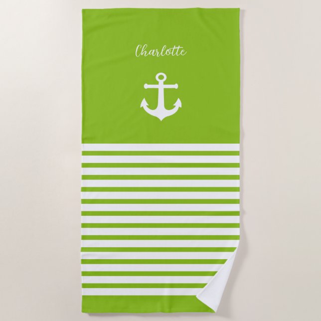 Lime and White Stripes Nautical  Personalised  Beach Towel (Front)