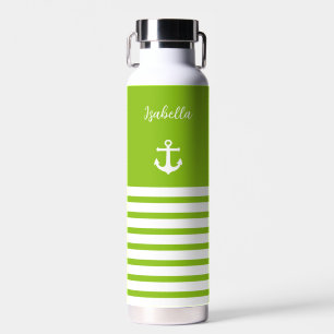 Lime and White Stripes Nautical Personalised   Water Bottle