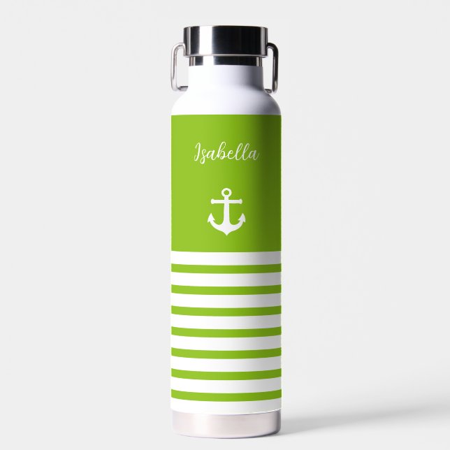 Lime and White Stripes Nautical Personalised   Water Bottle (Front)