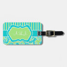 Lime, Aqua, White Striped Damask Luggage Tag