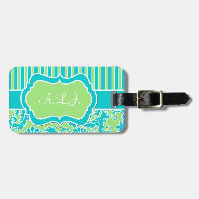 Lime, Aqua, White Striped Damask Luggage Tag (Front Horizontal)