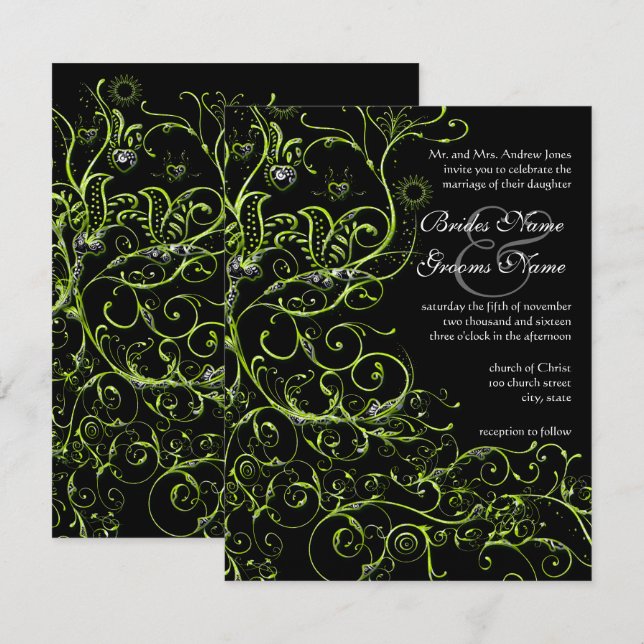 Lime Birds & Swirls Wedding Invitations (Front/Back)