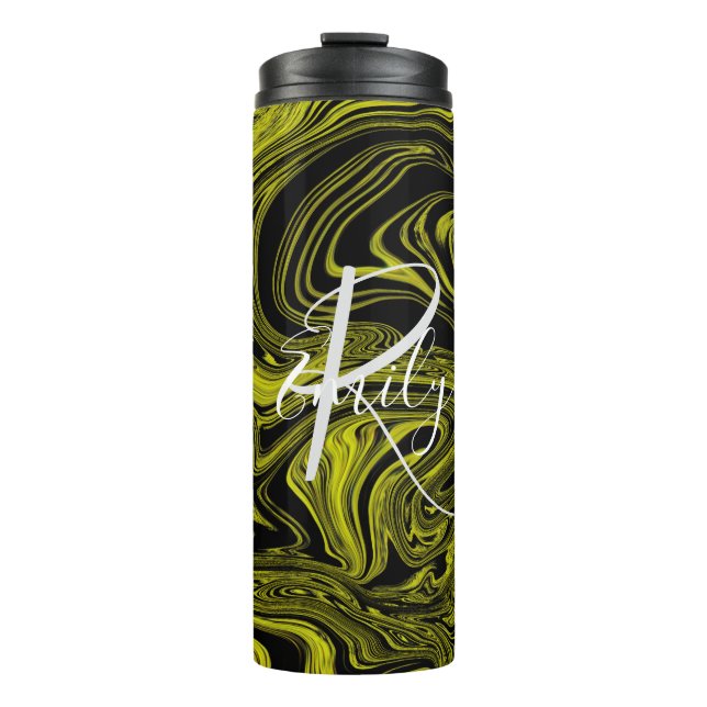 Lime & Black Agate Marble Abstract Name Monogram Thermal Tumbler (Front)