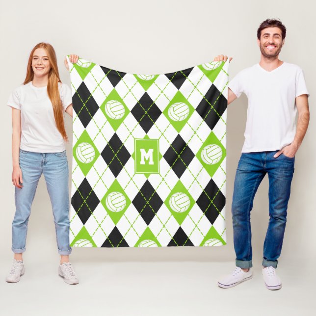 lime black argyle plaid volleyball monogrammed fleece blanket (In Situ)