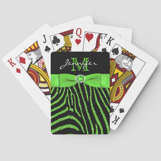 Lime Black FAUX Ribbon Glitter Zebra Playing Cards (Back)