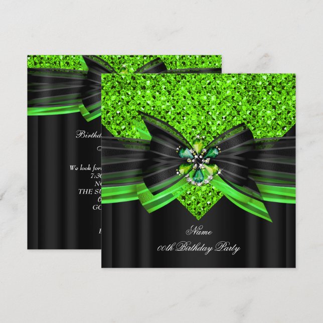 Lime Black Glitter Birthday Party Diamond Invitation (Front/Back)