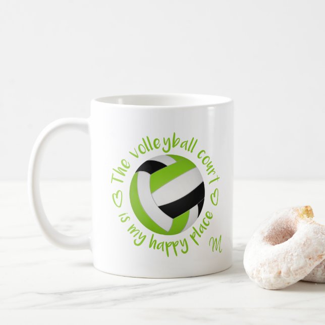 lime black volleyball court is my happy place coffee mug (With Donut)