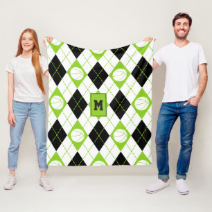 lime black white basketball themed argyle pattern fleece blanket