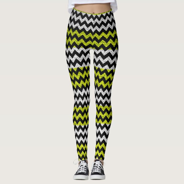 Lime Black White Chevron Modern Leather Leggings (Front)