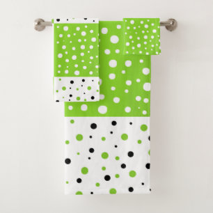Lime Black & White Polka Dot Colour Block Pattern Bath Towel Set