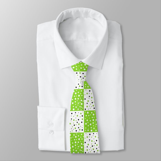 Lime Black & White Polka Dot Colour Block Pattern Tie (Tied)