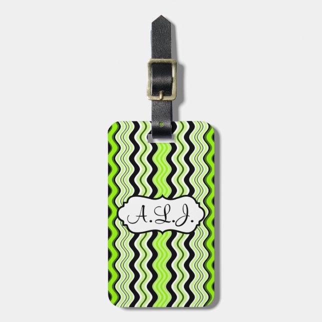 Lime, Black, White Wavy Stripes Luggage Tag (Front Vertical)