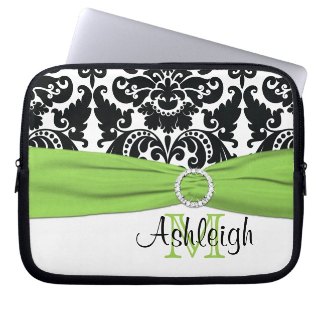 Lime Black White with FAUX Ribbon Laptop Sleeve (Front)