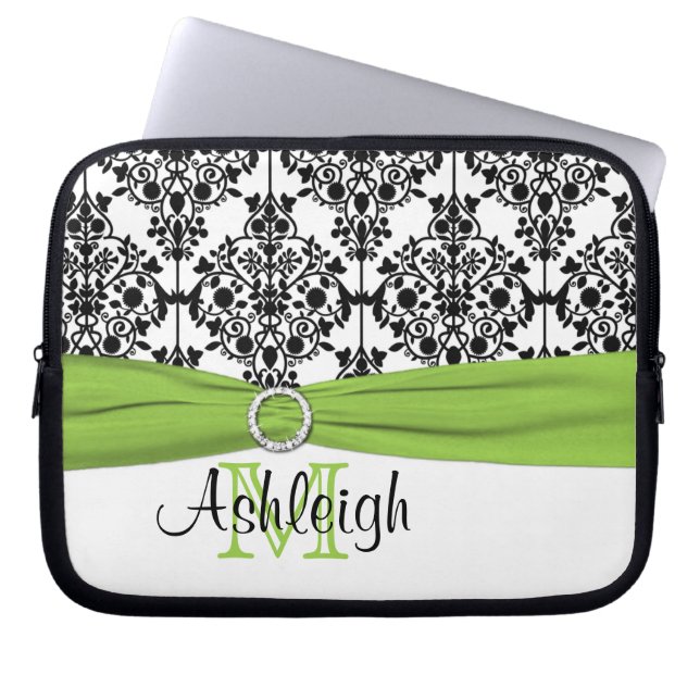 Lime Black White with FAUX Ribbon Laptop Sleeve (Front)