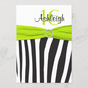 Lime, Black, White Zebra 16th Birthday Invitation