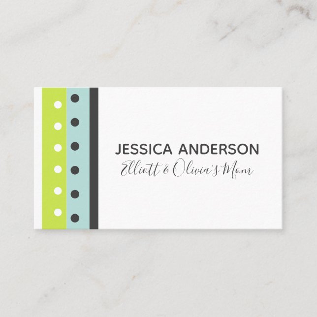 Lime, Blue and Grey Dots and Stripes Calling Card (Front)