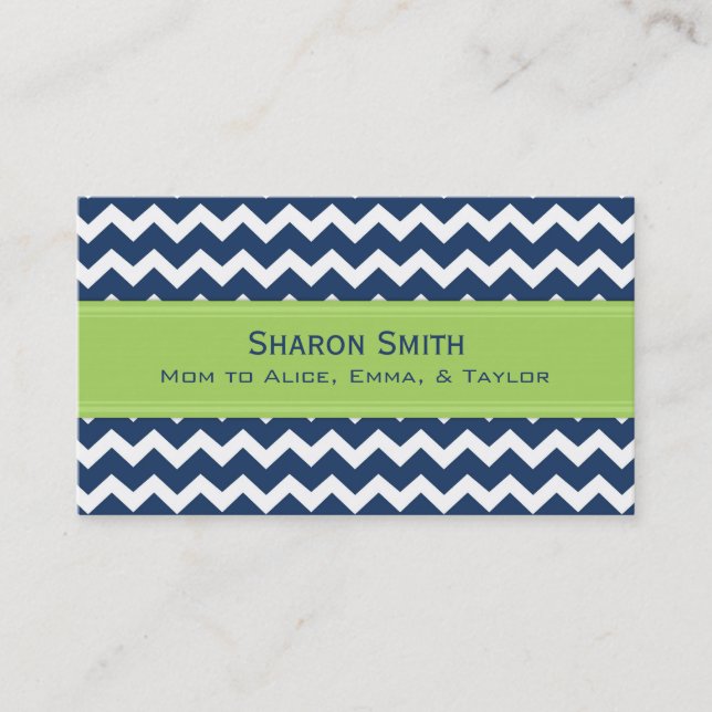 Lime Blue Chevron Retro Mum Calling Cards (Front)