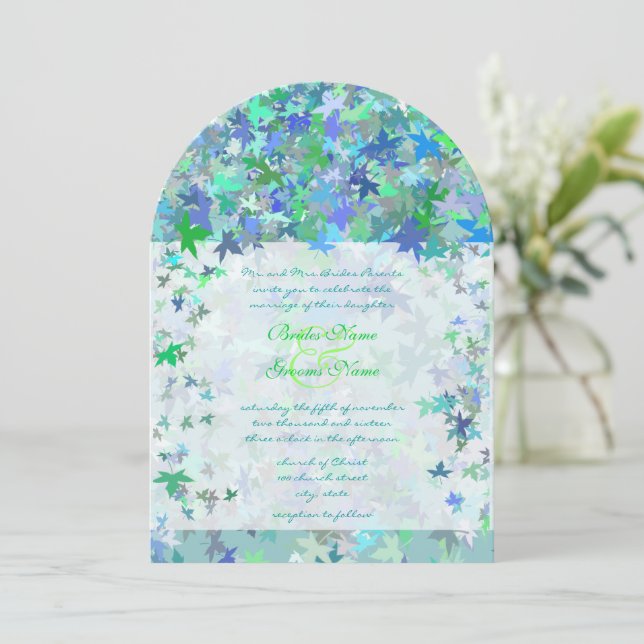 Lime &  Blue Fall Leaves Wedding Invitation (Standing Front)