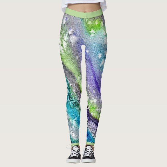 Lime Blue Ice Abstract Design Leggings (Front)