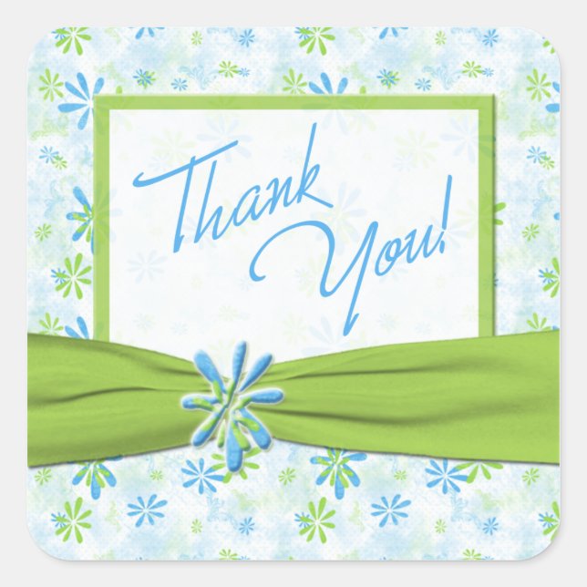 Lime, Blue, White Floral 1.5" Sq. Thank You Square Sticker (Front)