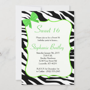 Lime Bow and Zebra Sweet 16 Birthday Invitation