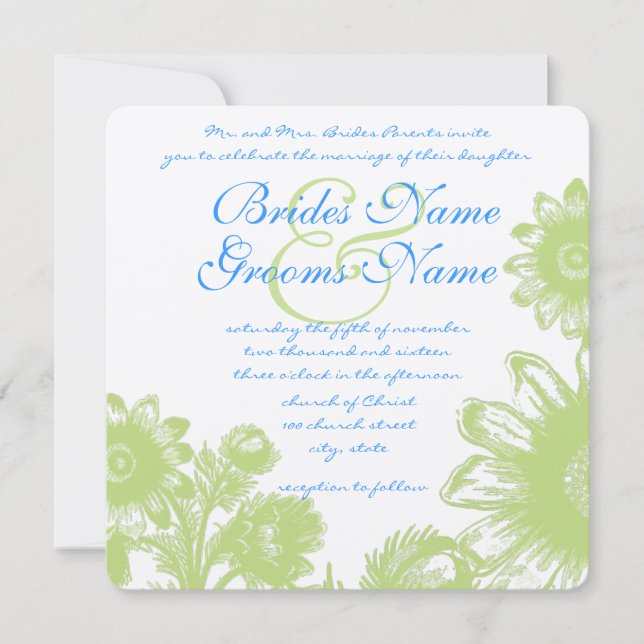 Lime Bright Aqua Vintage Flower Wedding Invitation (Front)