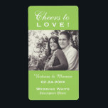 Lime Cheers to Love Wedding Photo Wine Bottle<br><div class="desc">Perfect for vineyard weddings or wine bottle favours, these elegant style "Cheers to Love!" labels feature a custom wedding monogram, photo of the bride and groom, the wedding date, and type of wine that can be completely personalised. White text and lime green background colour scheme can be customised (via "CUSTOMIZE...</div>