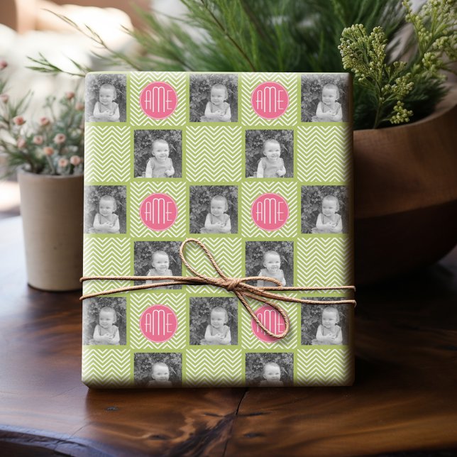 Lime Chevron Pattern with Custom Monogram Wrapping Paper (Personalized Photo Wrapping Paper)