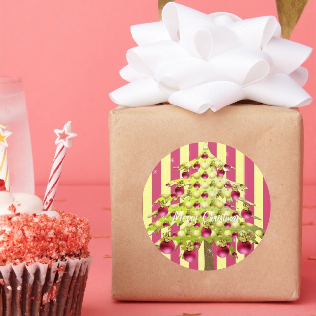 Lime  Christmas Tree with Plum Ornaments Classic Round Sticker (Party)