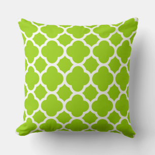 Lime Citrus Green and White Quatrefoil Pattern Cushion