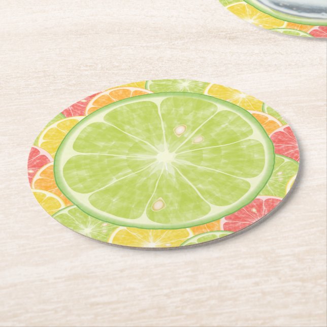 Lime Citrus Slices Round Paper Coaster (Angled)