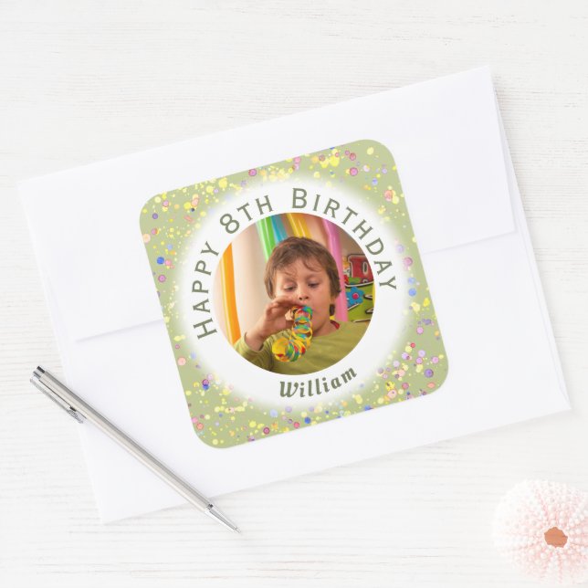 Lime Cream Customisable Birthday Photo Watercolor Square Sticker (Envelope)