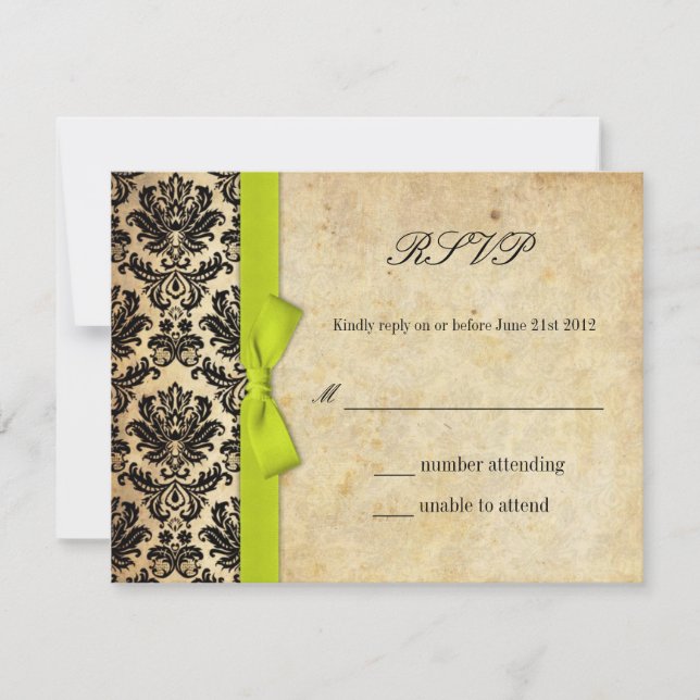 Lime Damask Bow Wedding RSVP Card (Front)