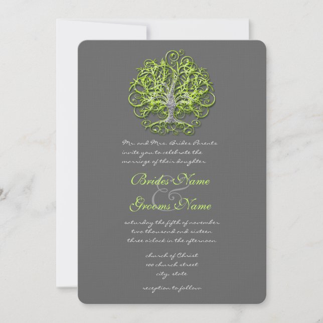 Lime Damask Love Tree Wedding Invitation (Front)