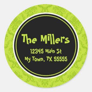 Lime Damask Round Address Stickers