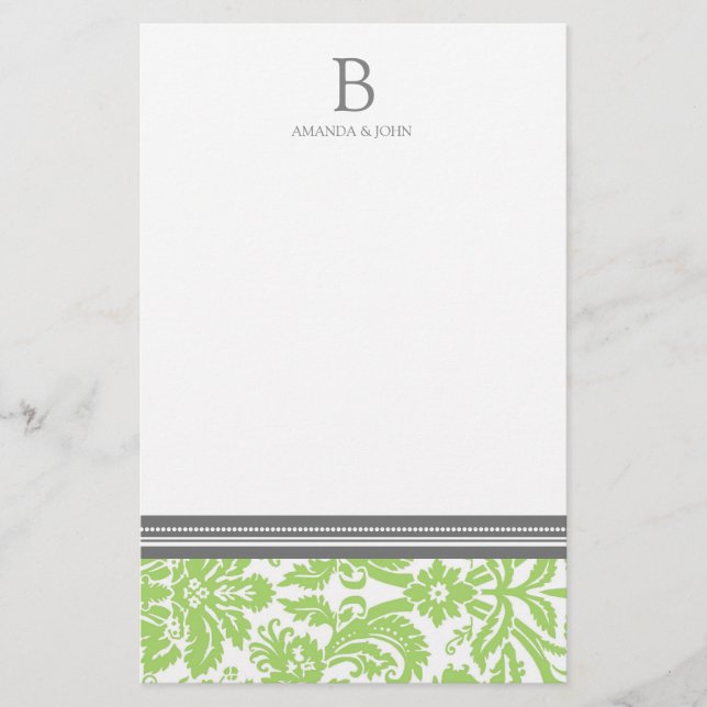 Lime Damask Wedding Monogram Stationery (Front)